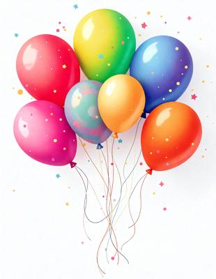 The primary subject of the image is a colorful bouquet of balloons, which are floating in the air. The balloons are of various colors, including pink, orange, yellow, and green. The setting is a white background, which provides a clean and uncluttered look to the image. The visual style is a combination of digital art and illustration, creating a vibrant and lively atmosphere. The colors and mood of the image are cheerful and lively, as the balloons create a sense of fun and celebration.
